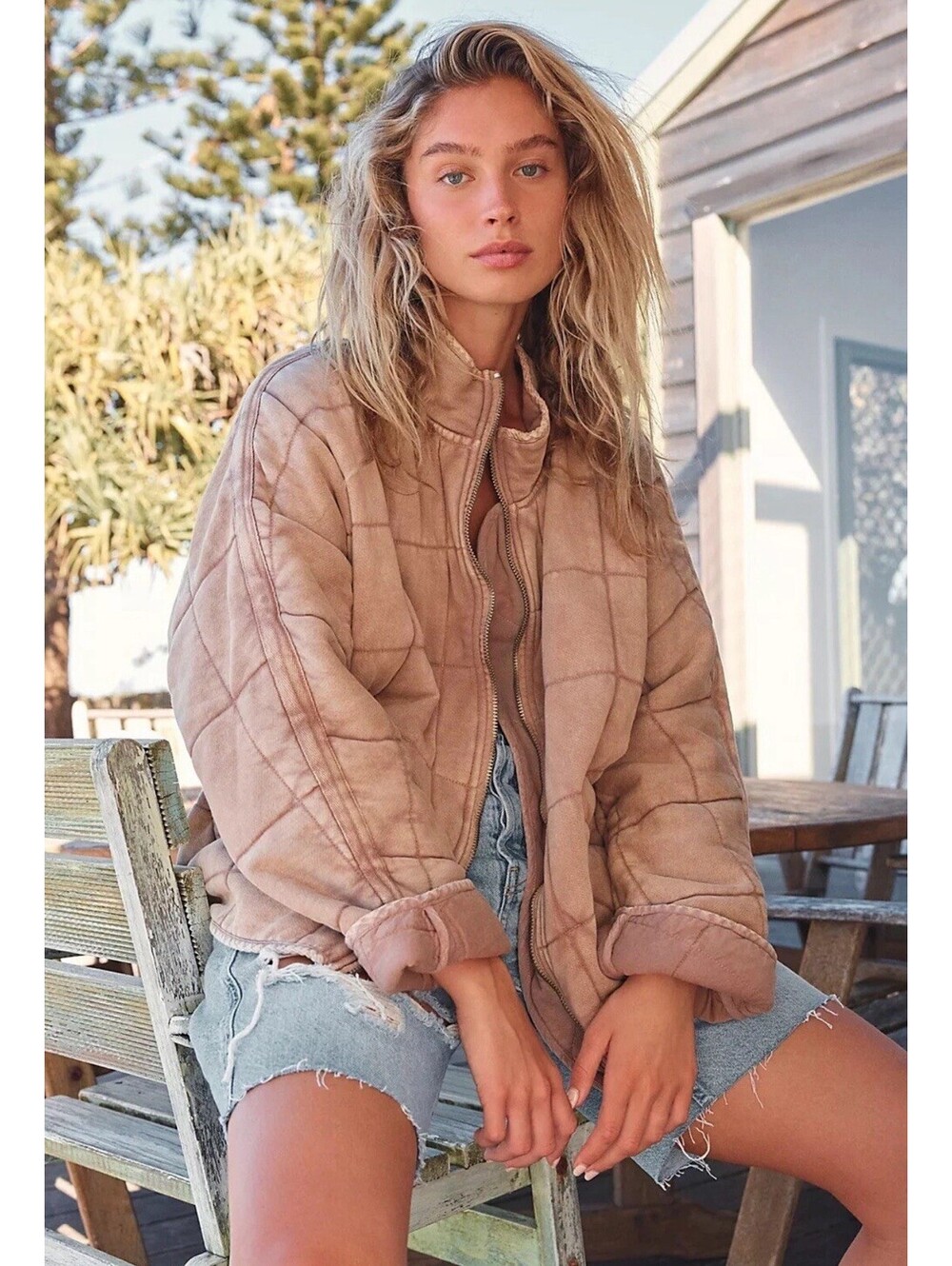 Free People Dolman Quilted Bomber Jacket SIZE XL Tan Brown